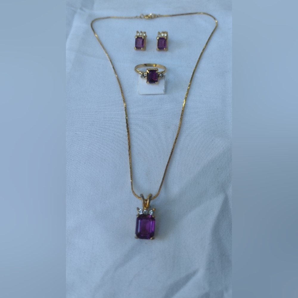 Vtg 80s PARKLANE FAUX AMETHYST/RHINESTONE 15" NECKLACE/EARRINGS, ADJUSTABLE RING